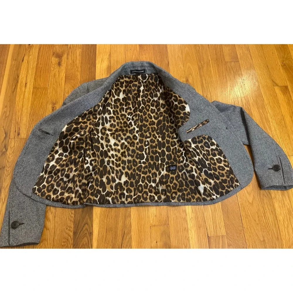 Express Design Studio Grey Herringbone Wool Skirt Suit Leopard Lining Size 2